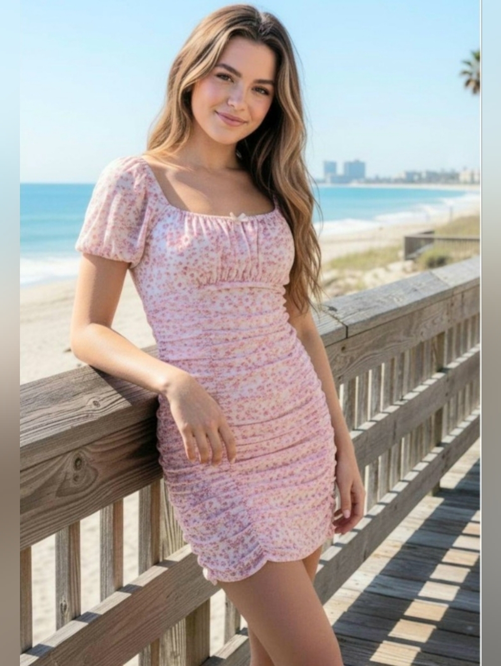 La Hearts Pink Floral Ruched Mini Dress Bodycon Babydoll Milkmaid Romantic